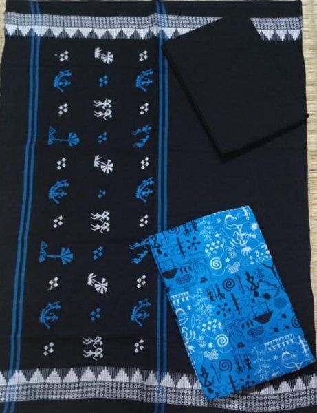 Black and Sky blue handwoven ikat salwar suit piece